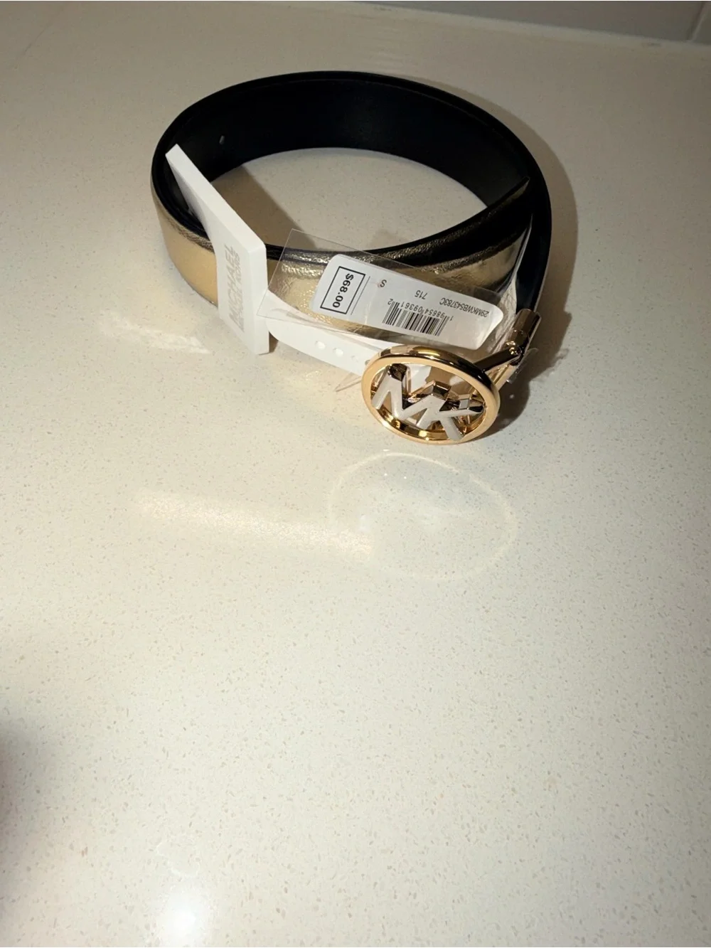 Michael Kors gold  Leather Belt with Gold and silver MK Round Buckle